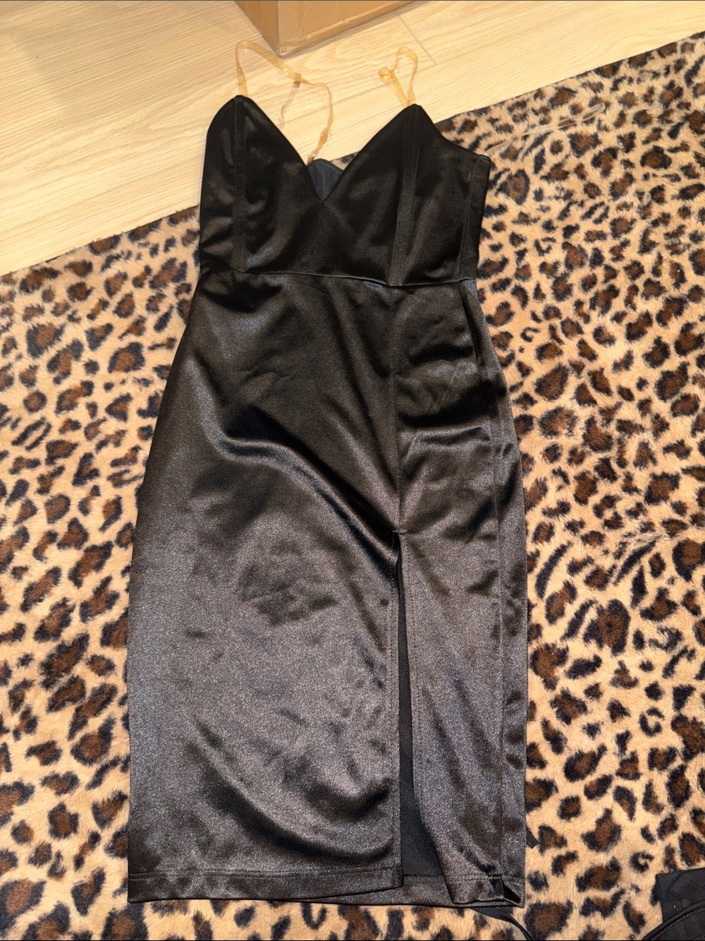 Black Satin V-Neck Slip Dress with Front Slit